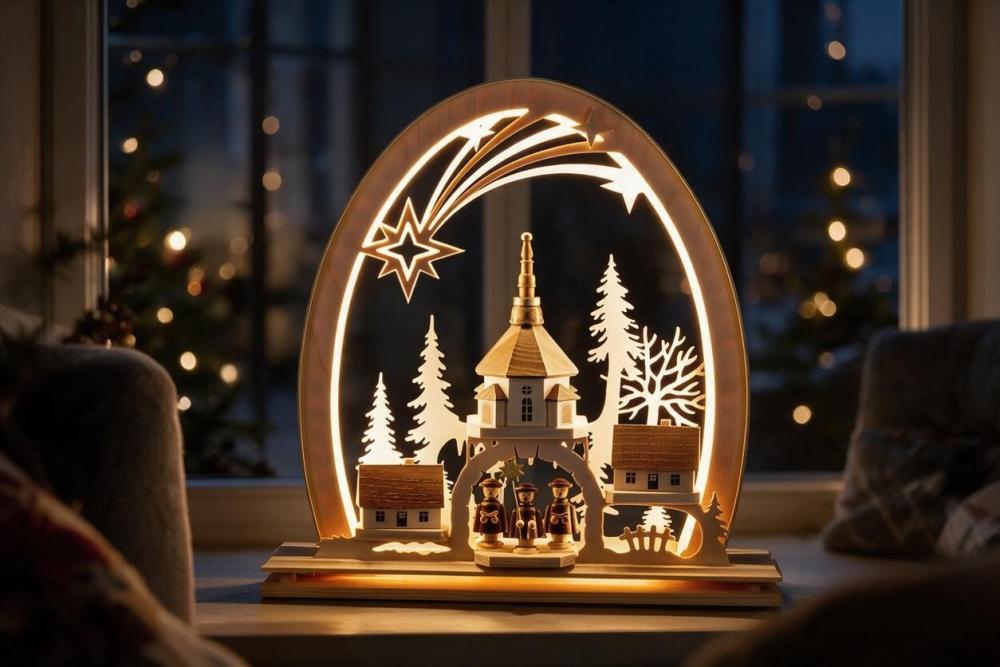 Seidelbogen „Seiffener Kirche“ mit LED-Beleuchtung – 31 × 33 cm 823-G-LED