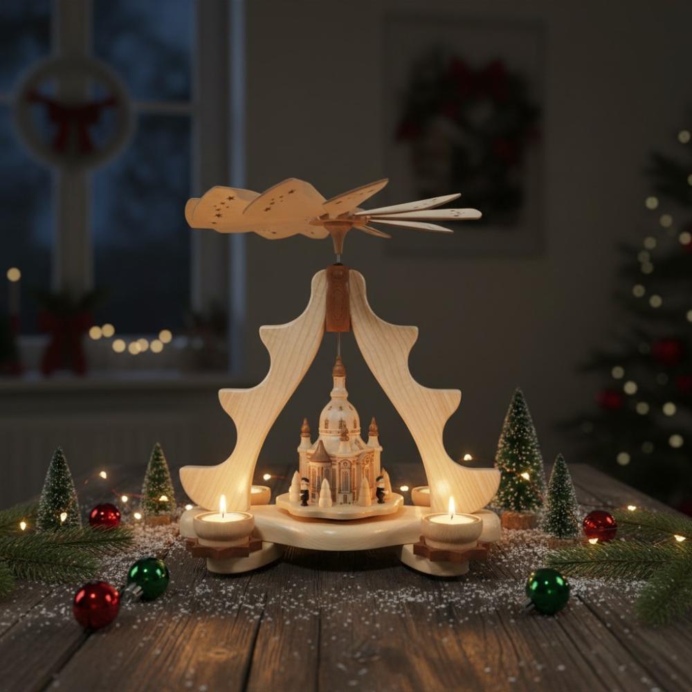 Pyramide Dresdner Frauenkirche für 4 Teelichter, Erzgebirge, Weihnachten