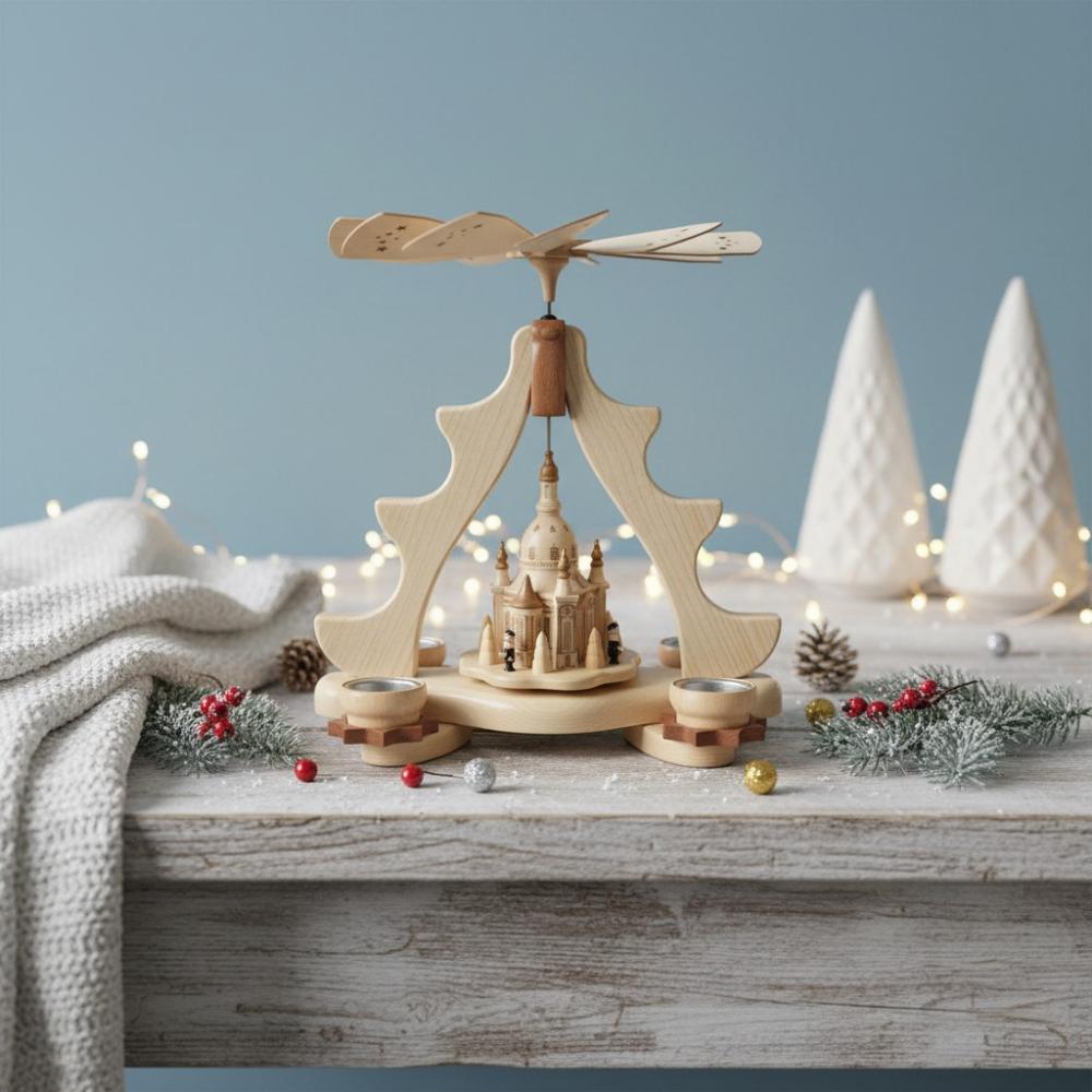 Pyramide Dresdner Frauenkirche für 4 Teelichter, Erzgebirge, Weihnachten