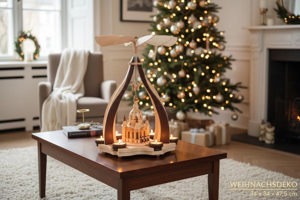 Design-Pyramide mit Dresdner Frauenkirch für 6 Teelichter, Erzgebirge, Weihnachten