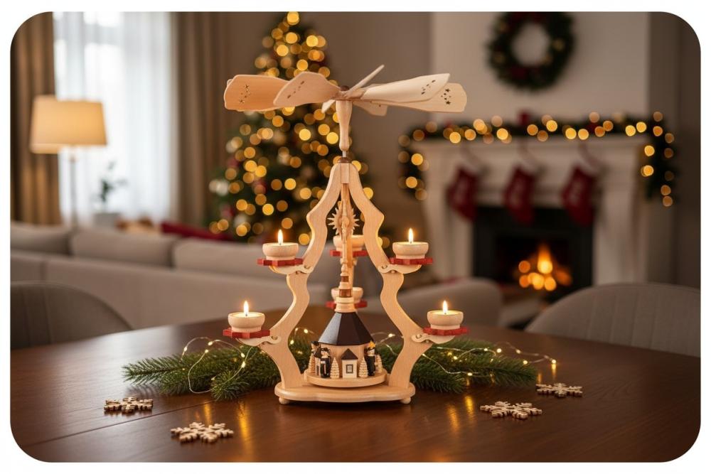Pyramide Seiffener Kirche für 3 Teelichter, Erzgebirge, Weihnachten
