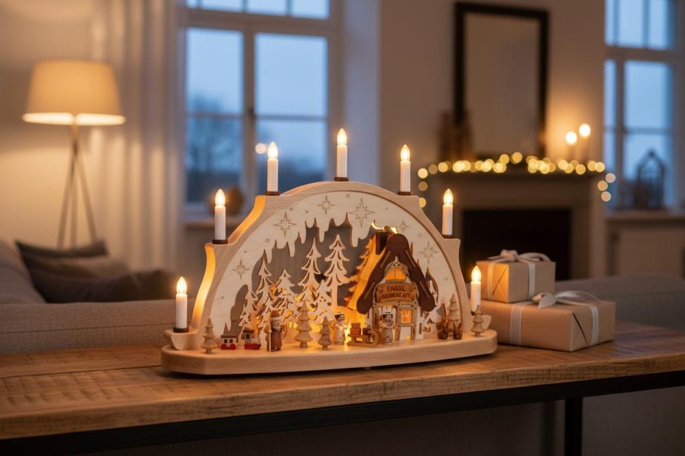 Schwibbogen mit Beleuchtung Engelswerkstatt, Erzgebirge, Weihnachten 7 Kerzen 1071