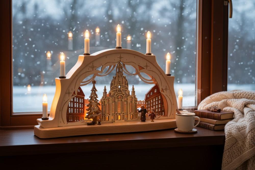 Schwibbogen mit Beleuchtung Dresdner Frauenkirche 3D-Optik, Erzgebirge, Weihnachten 7 Kerzen